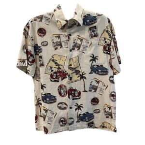 Vintage Big Dogs Linen All Over Print Button Down Shirt‎ Small/Medium Travel Y2K